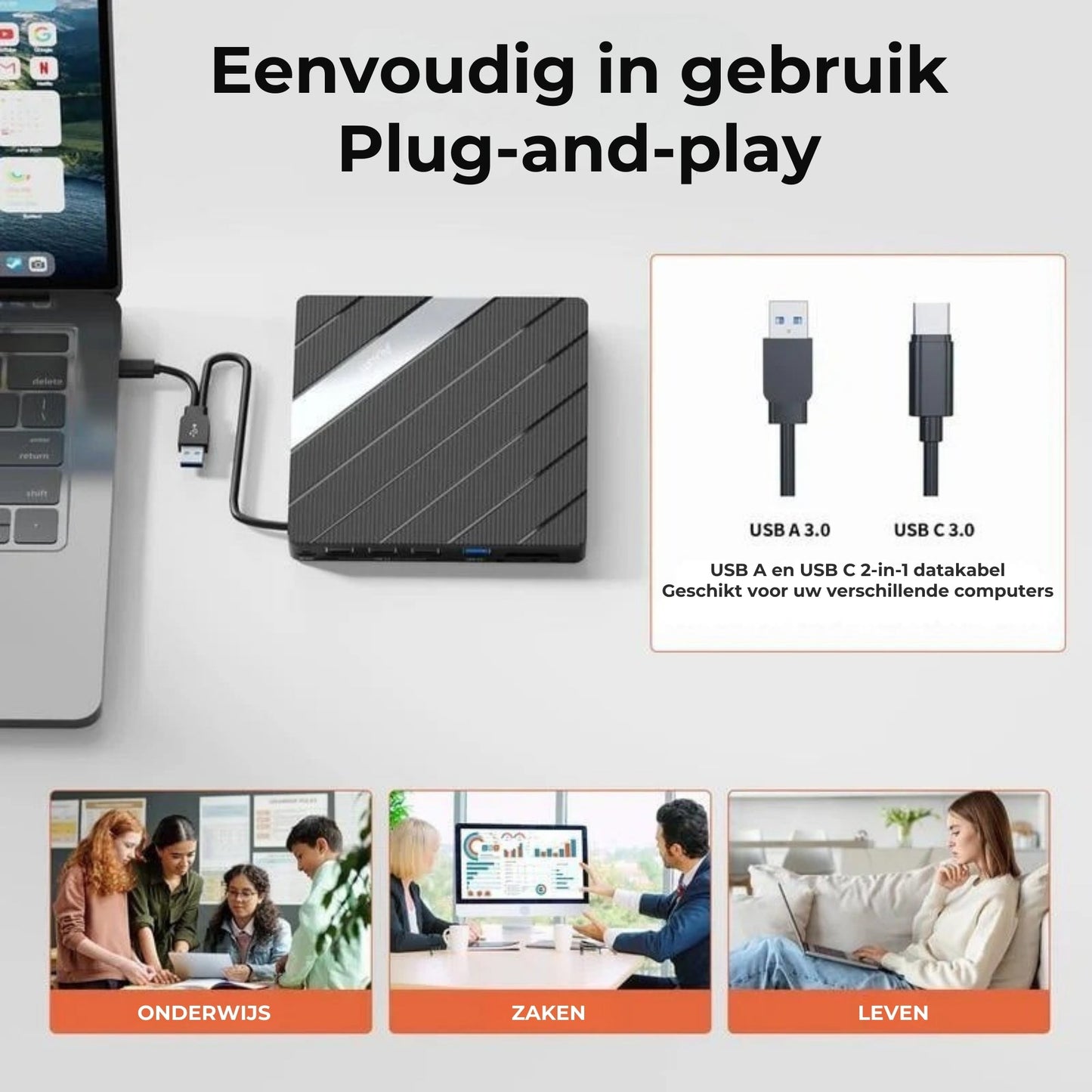 Universele Laptop CD/DVD Speler en Brander USB C 3.0 met SD/TF-kaartsleuf en 3 USB-poorten