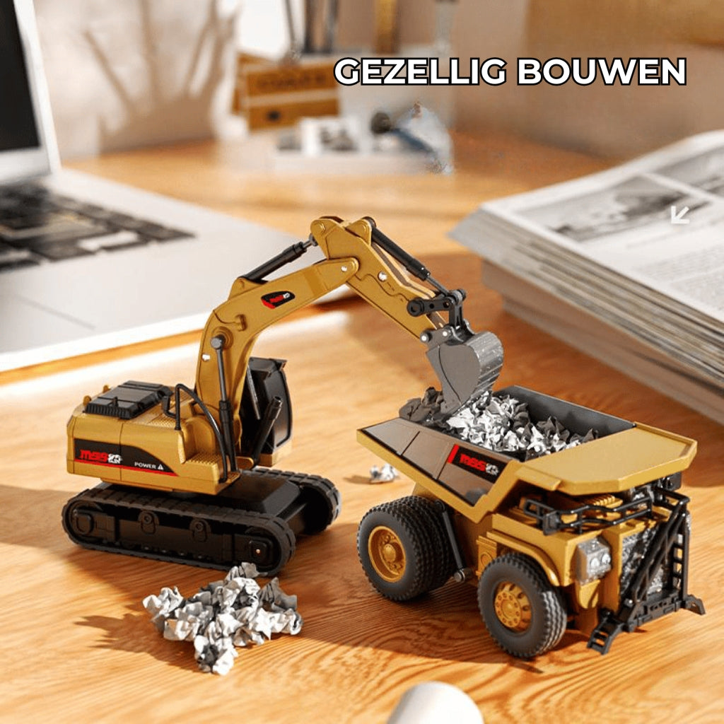 🚜 1:64 Mini RC-bouwset – Vorkheftruck, graafmachine en kiepwagen (met afstandsbediening)